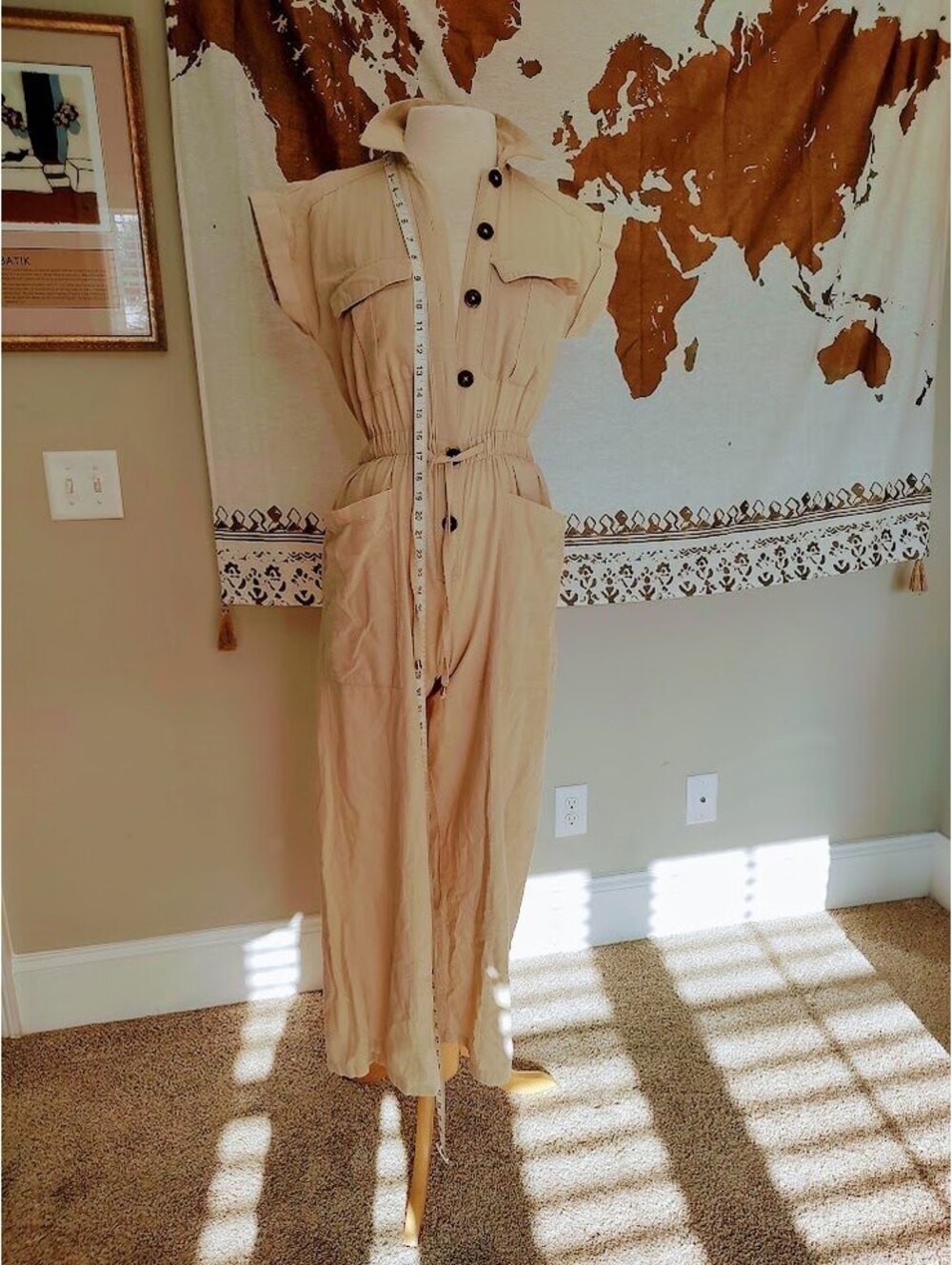 Hint of Blush Beige Cotton Jumpsuit with Button Front and Drawstring Waist